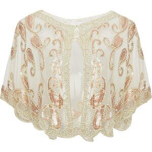 🆕 Women Cream Sequin Beaded Evening Cape Bridal Shawl Bolero Flapper Cover Up